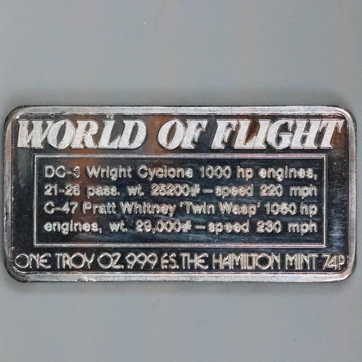 1 oz .999 Fine Silver Hamilton Mint Art Bar - Douglas DC-3