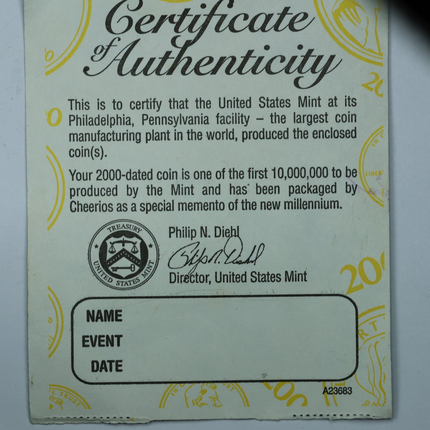 2000 Cheerios Lincoln 1 Cent Penny orig pkg w/ Certificate of Authenticity
