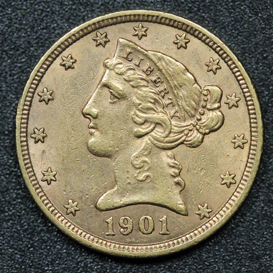 1901 $5 Gold Liberty Head Half Eagle Coin Philadelphia