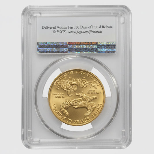 Gold coin in a protective case with a label on a wooden surface