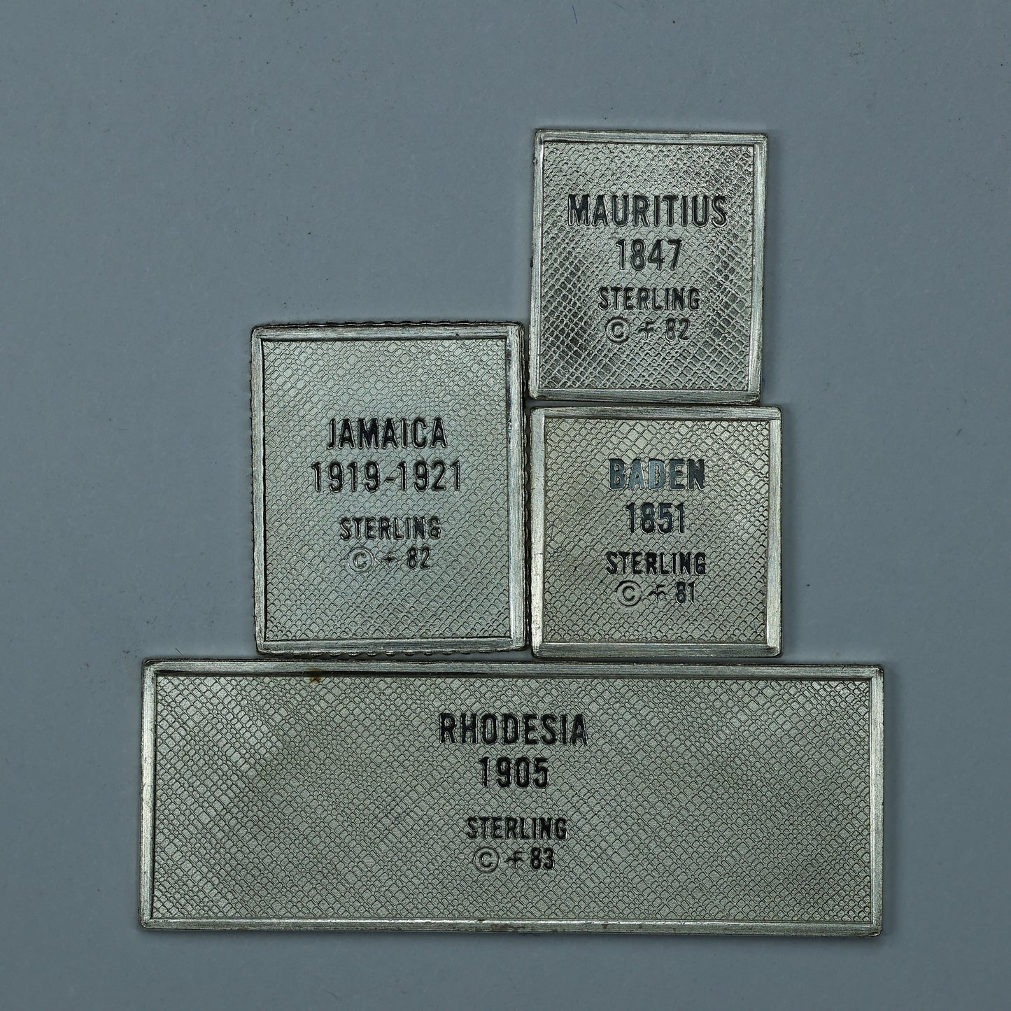 Franklin Mint Sterling Silver Miniature World Stamps - Rhodesia Baden Jamaica Mauritius