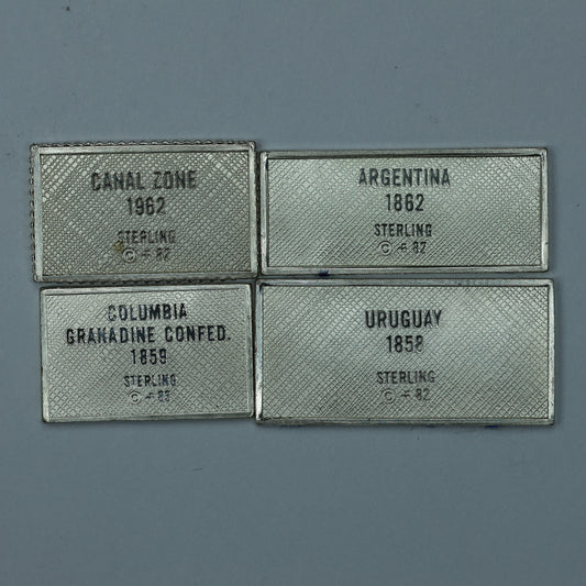 Franklin Mint Sterling Silver Miniature World Stamps - Canal Zone Argentina Uruguay Columbia