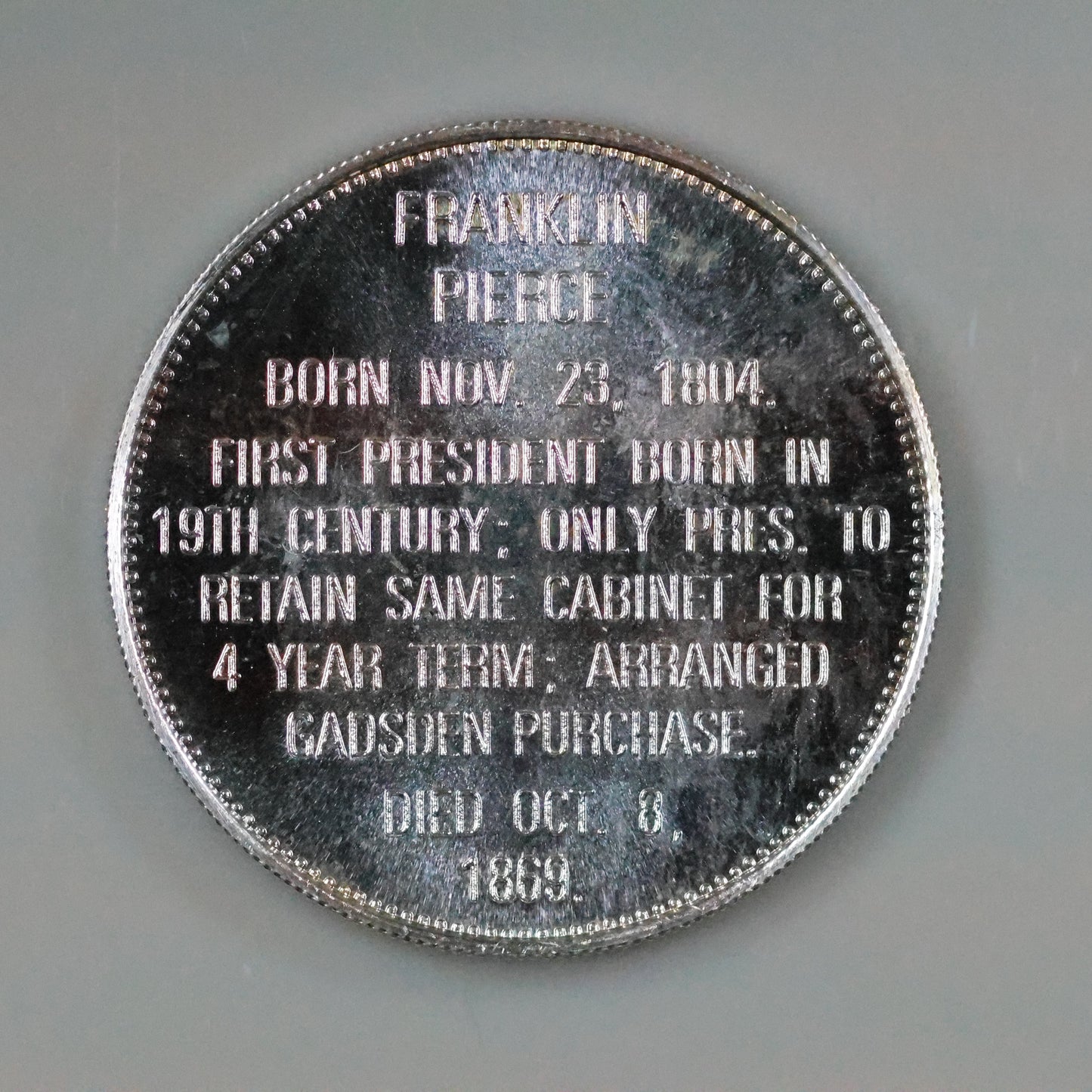 Franklin Mint Presidential Commemorative Sterling Silver Medal - Franklin Pierce