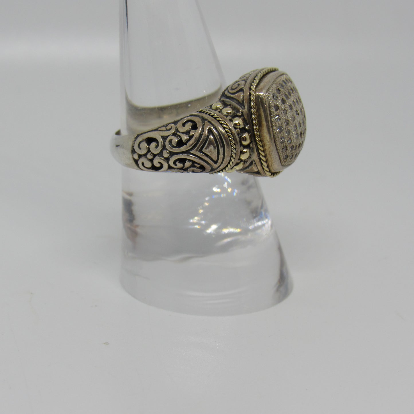 Samuel Benham Sterling Silver Diamond Chip Ring with 18K Yellow Gold Accents - Sz 7.5
