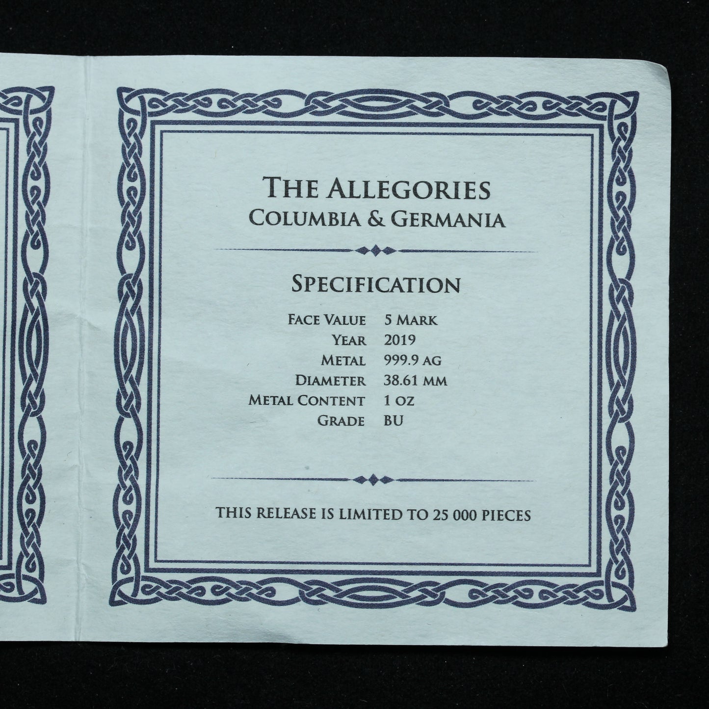 1 oz .9999 Fine Silver Germania 2019 5 Mark Allegories w/ Capsule & COA