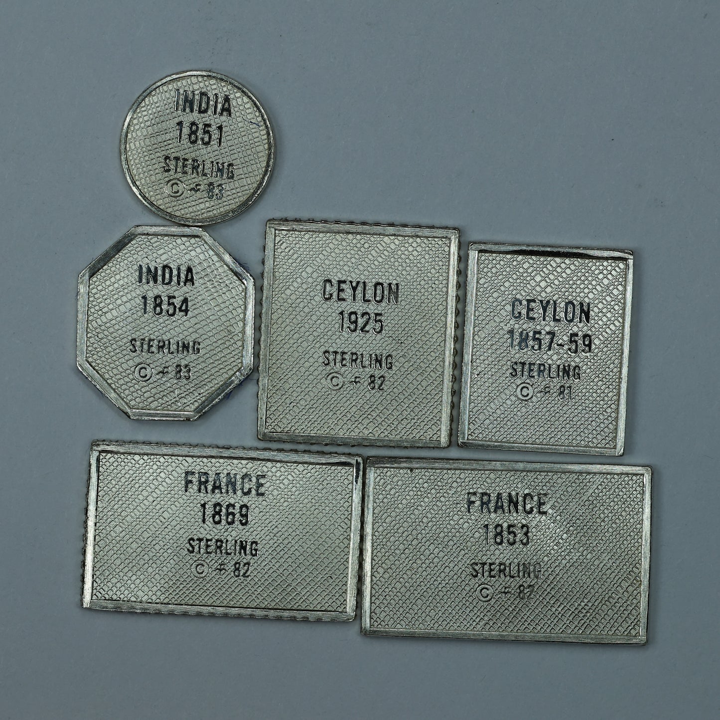 Franklin Mint Sterling Silver Miniature World Stamps - India Ceylon France