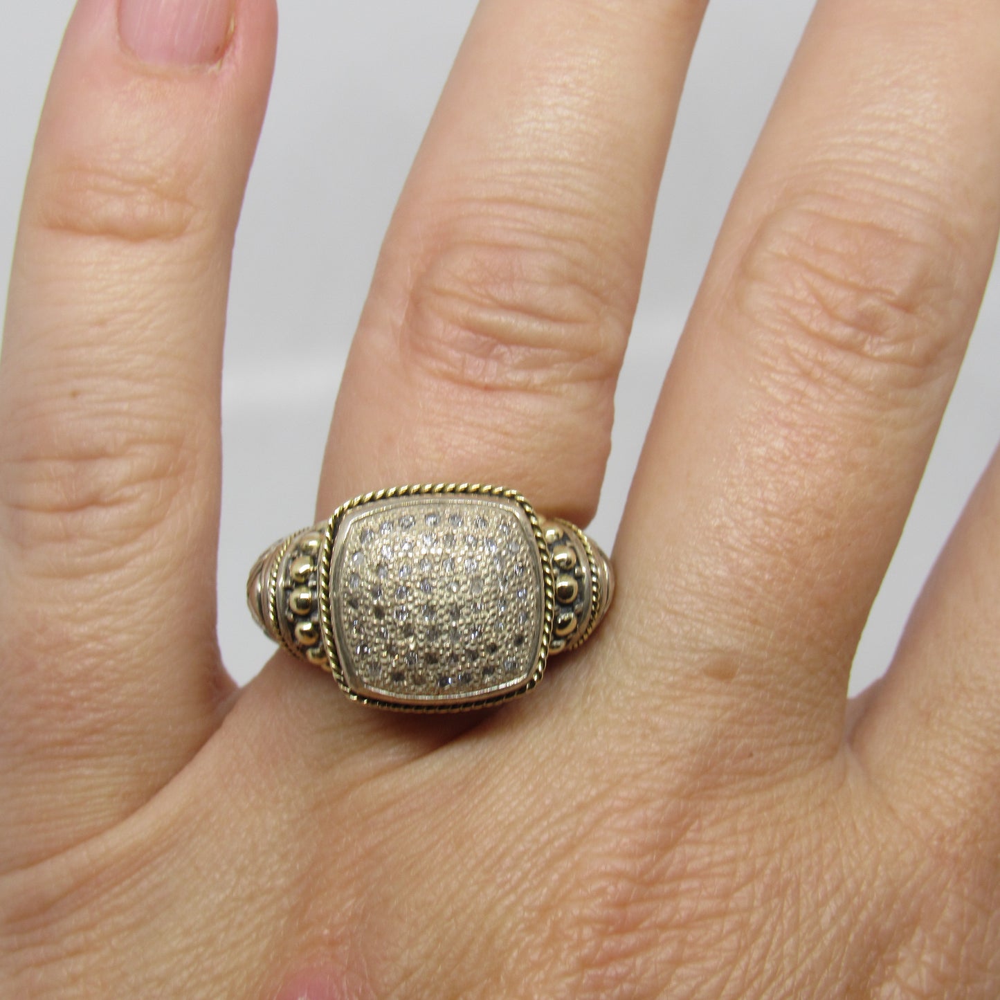 Samuel Benham Sterling Silver Diamond Chip Ring with 18K Yellow Gold Accents - Sz 7.5