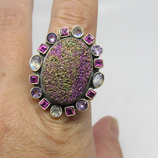 Nicky Butler Sterling Silver 925 Druzy Quartz Multi Gemstone Ring - Sz 10.75