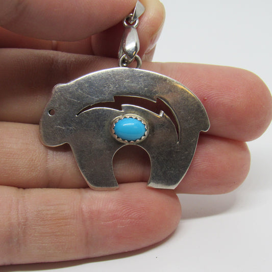 Vintage Navajo L. L. Lee Sterling Silver 925 Turquoise Bear Pendant