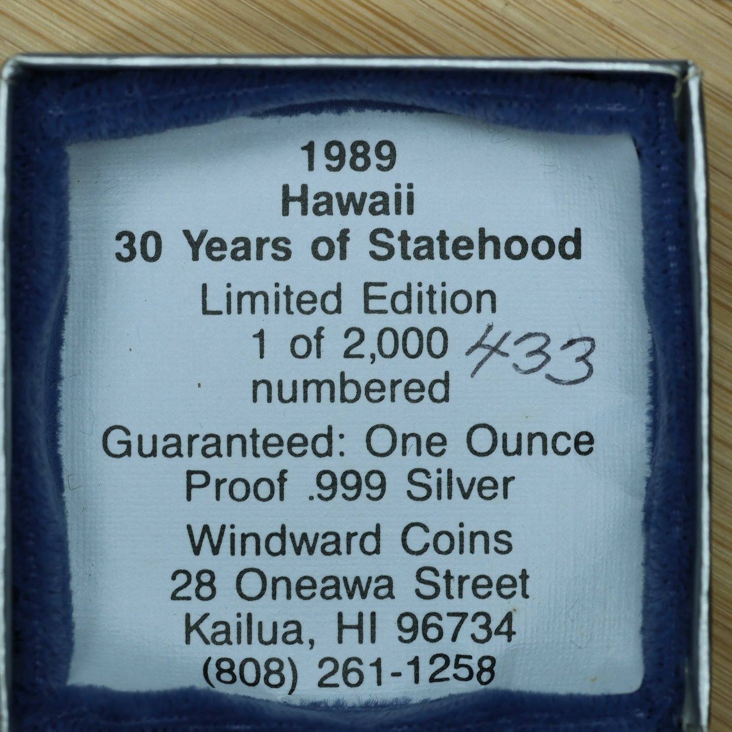 1989 1 oz .999 Fine Silver Hawaii 30 Years of Statehood Art Round w/ Capsule & COA