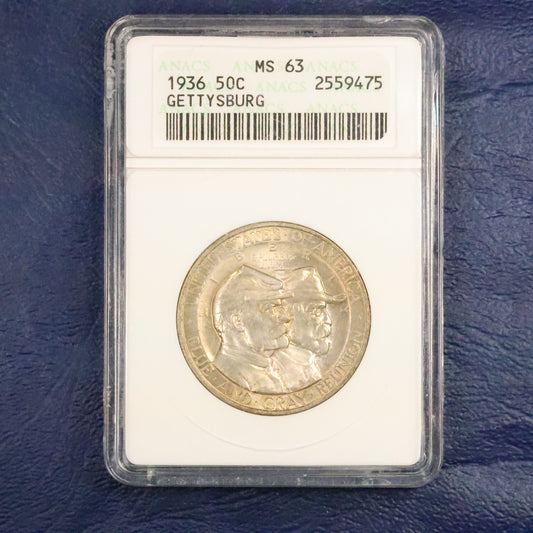1936 Gettysburg Half Dollar 50c Commemorative - ANACS MS 63 Old Holder