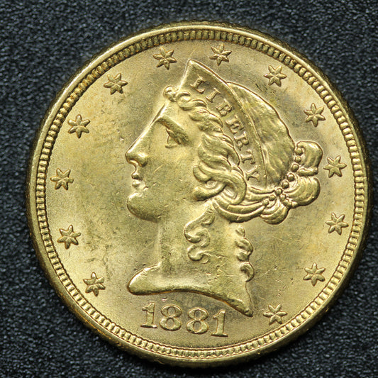 1881 $5 Gold Liberty Head Half Eagle Coin Philadelphia
