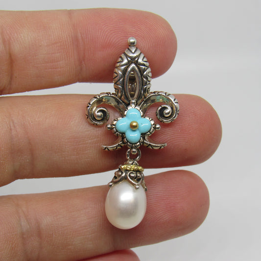 Barbara Bixby 925 Sterling Silver 18K Gold Turquoise Pearl FLEUR DE LIS Pendant