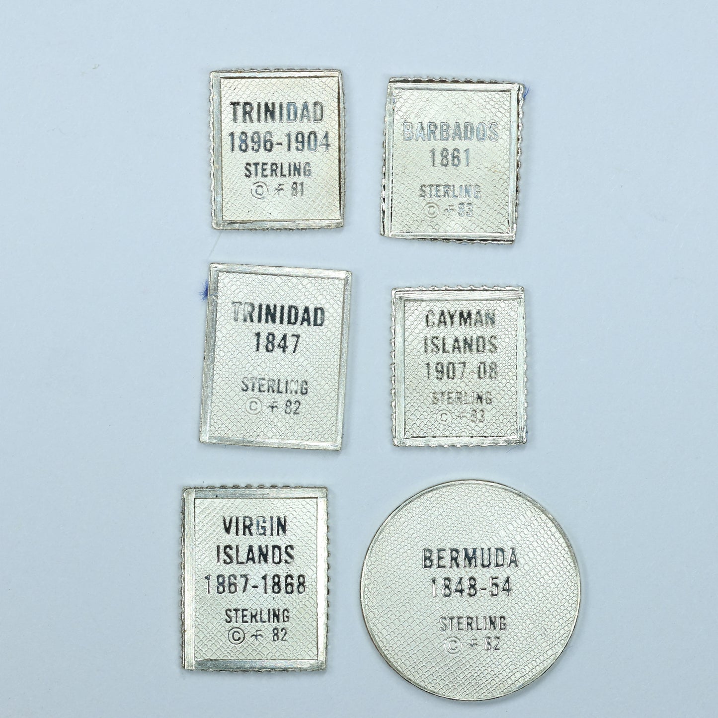 Franklin Mint Sterling Silver Miniature World Stamps - Trinidad Cayman Islands Bermuda Etc