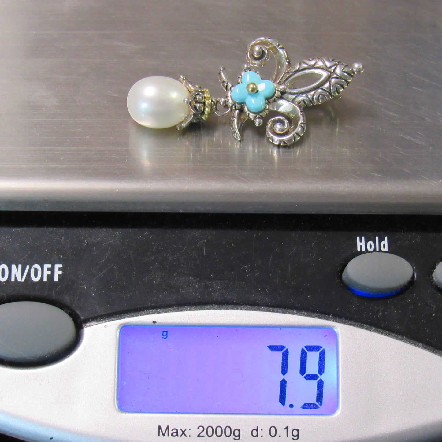 Barbara Bixby 925 Sterling Silver 18K Gold Turquoise Pearl FLEUR DE LIS Pendant