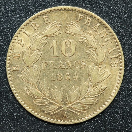 1864 A French Gold 10 Francs NAPOLEON III - KM#800.1