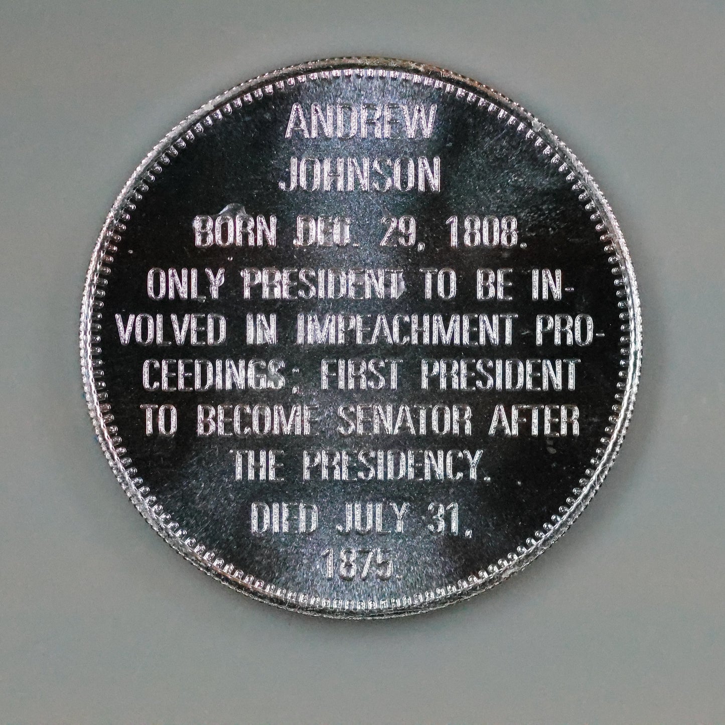 Franklin Mint Presidential Commemorative Sterling Silver Medal - Andrew Johnson
