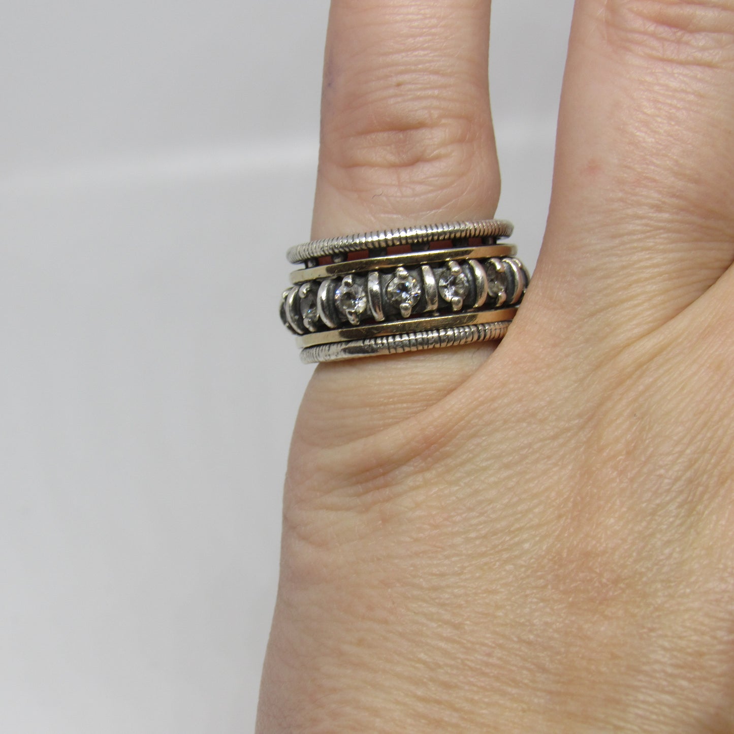 Sterling Silver 14k Yellow Gold Spinner CZ Ring Signed SN Sea-Noy - Sz ~6.75