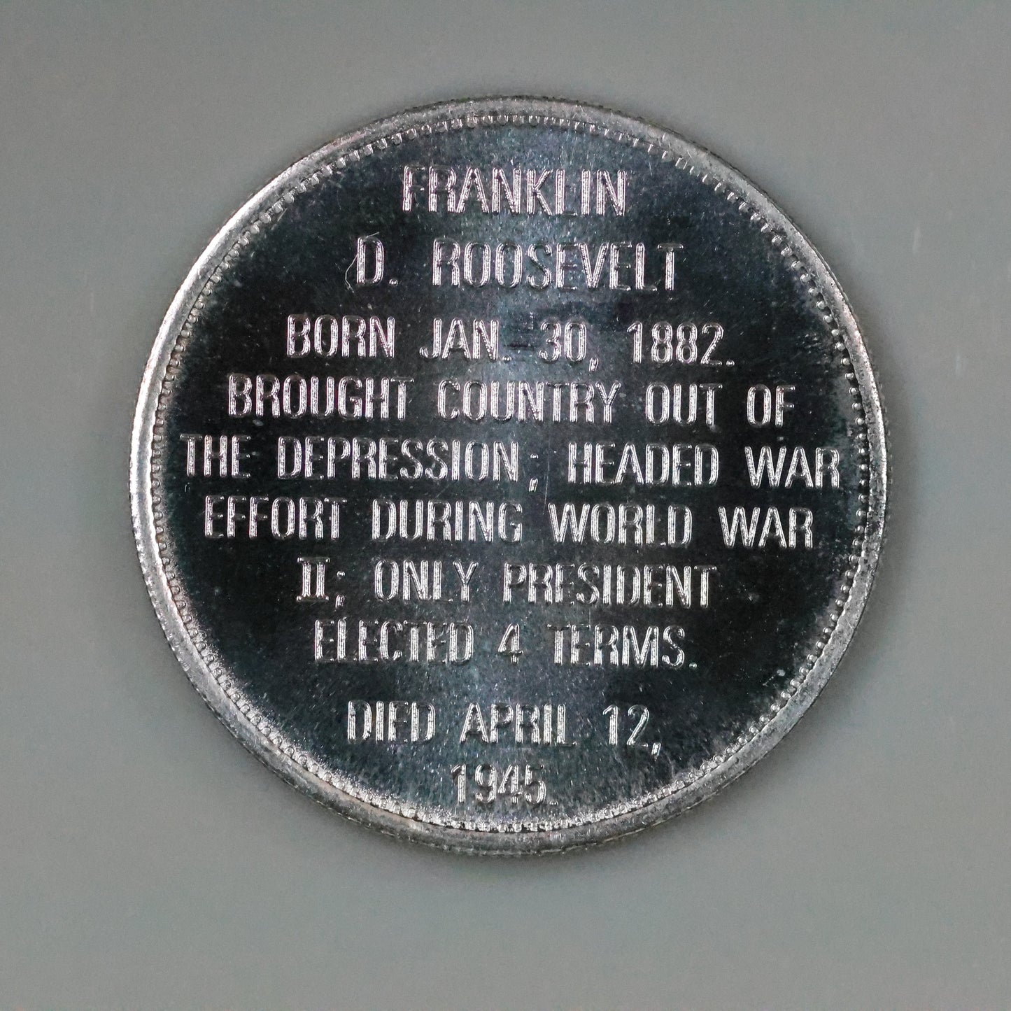 Franklin Mint Presidential Commemorative Sterling Silver Medal - Franklin D. Roosevelt