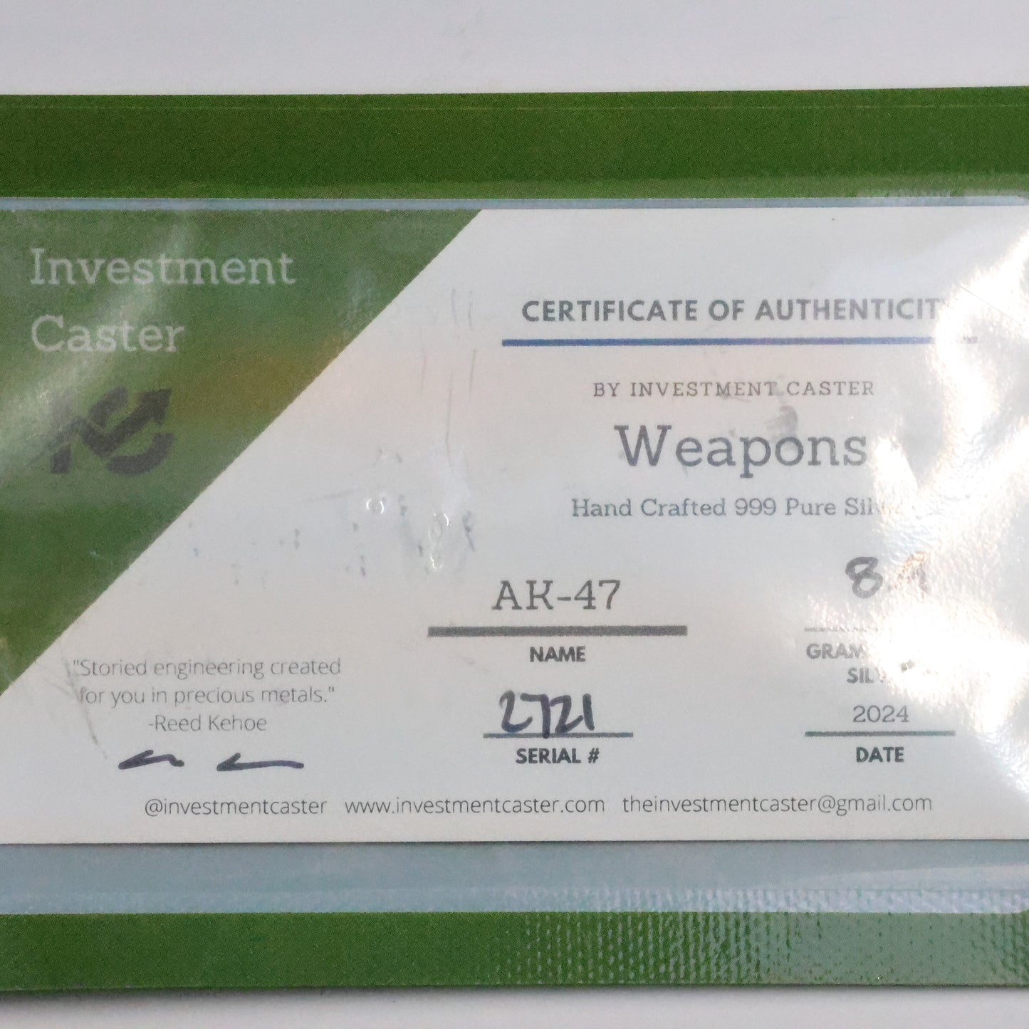 8.9 grams .999 Fine Silver Bullion AK-47 by Investment Caster