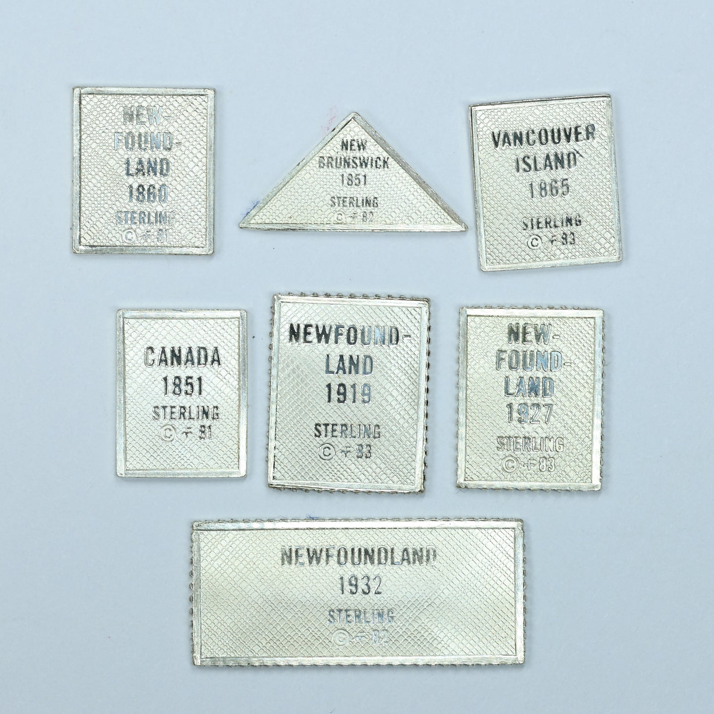 Franklin Mint Sterling Silver Miniature World Stamps - Canada Newfoundland Vancouver Island Etc