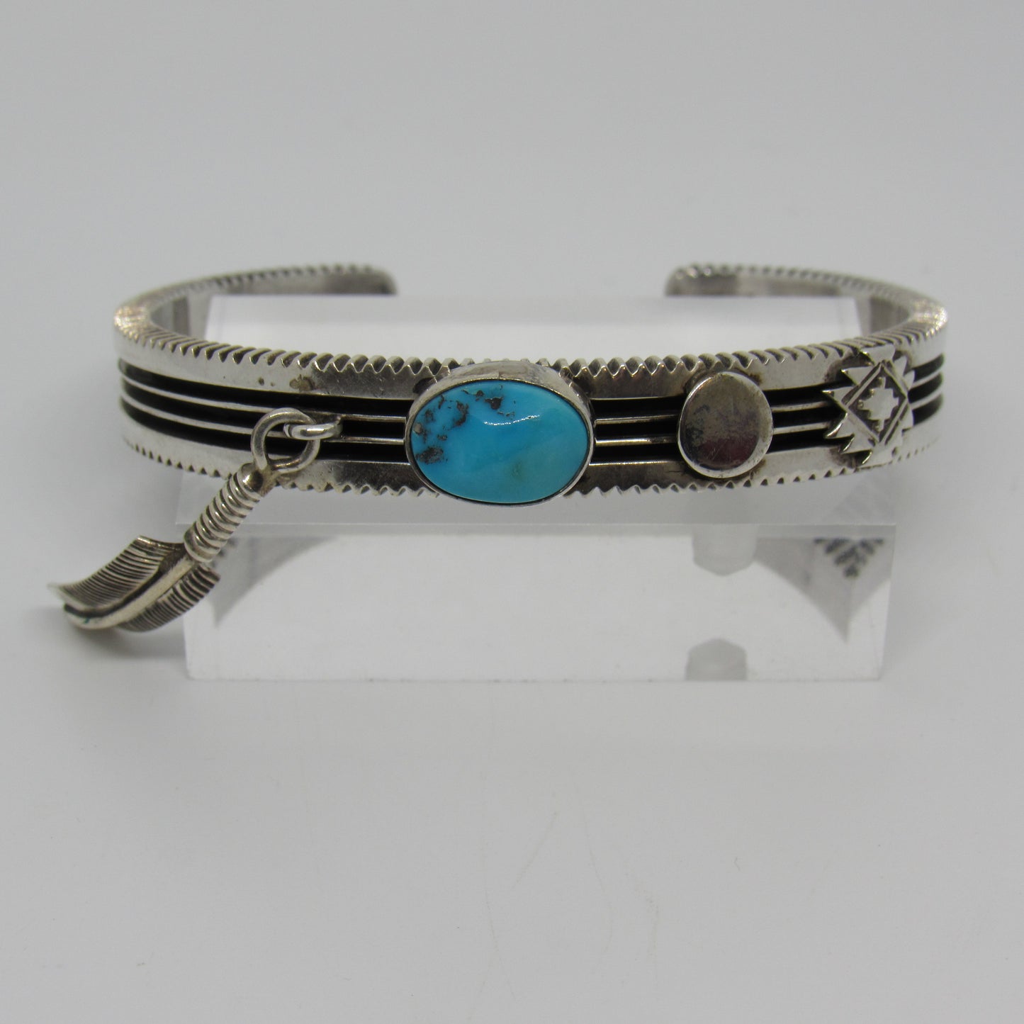 Navajo Ray King Turquoise Dangle Feather Cuff Bracelet - ~6 inch