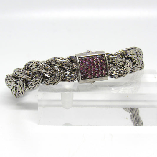 John Hardy Sterling Silver 925 Braided Bracelet w/ Pink Sapphire Clasp - ~10mm, 7 in, SZ M