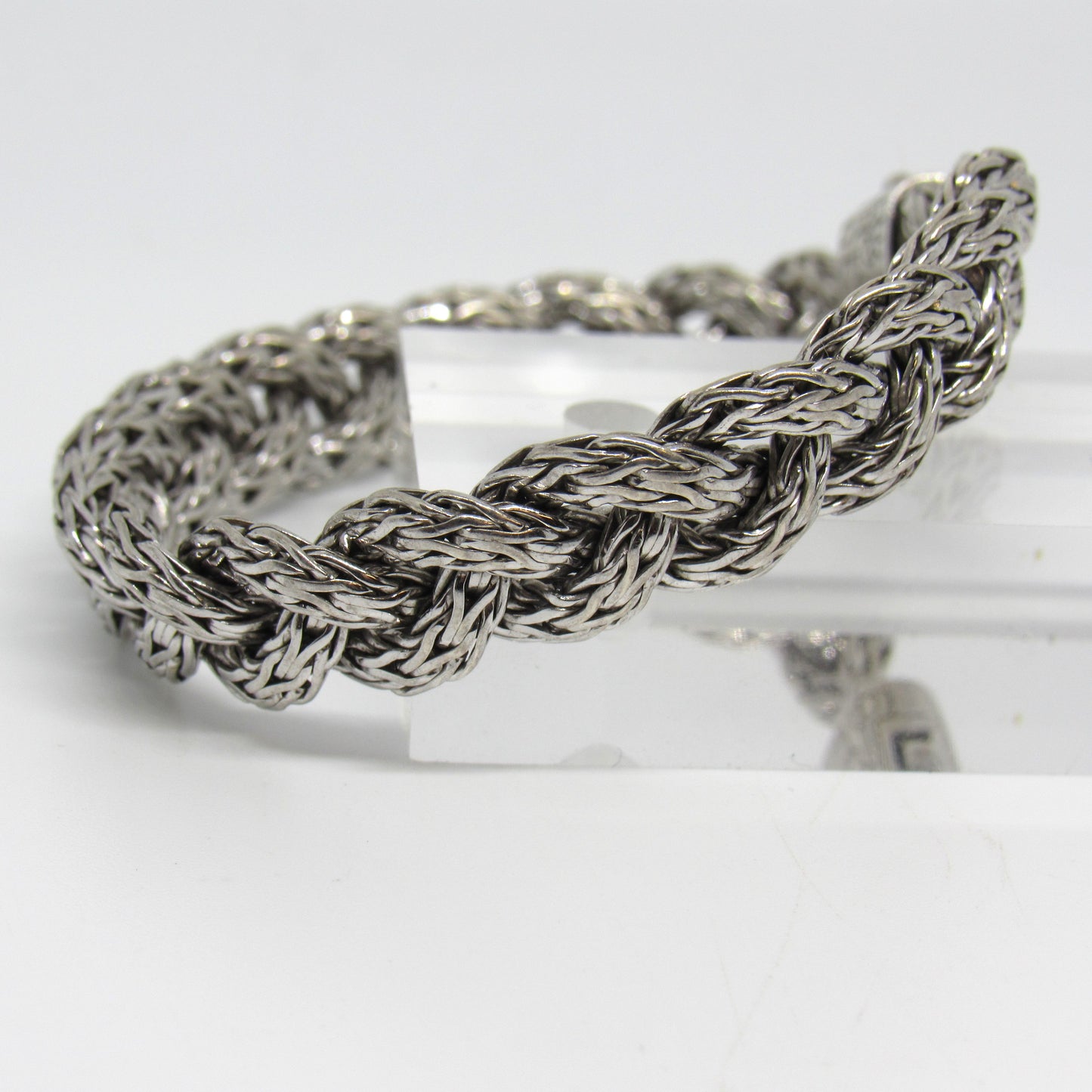 John Hardy Sterling Silver 925 Braided Bracelet w/ Pink Sapphire Clasp - ~10mm, 7 in