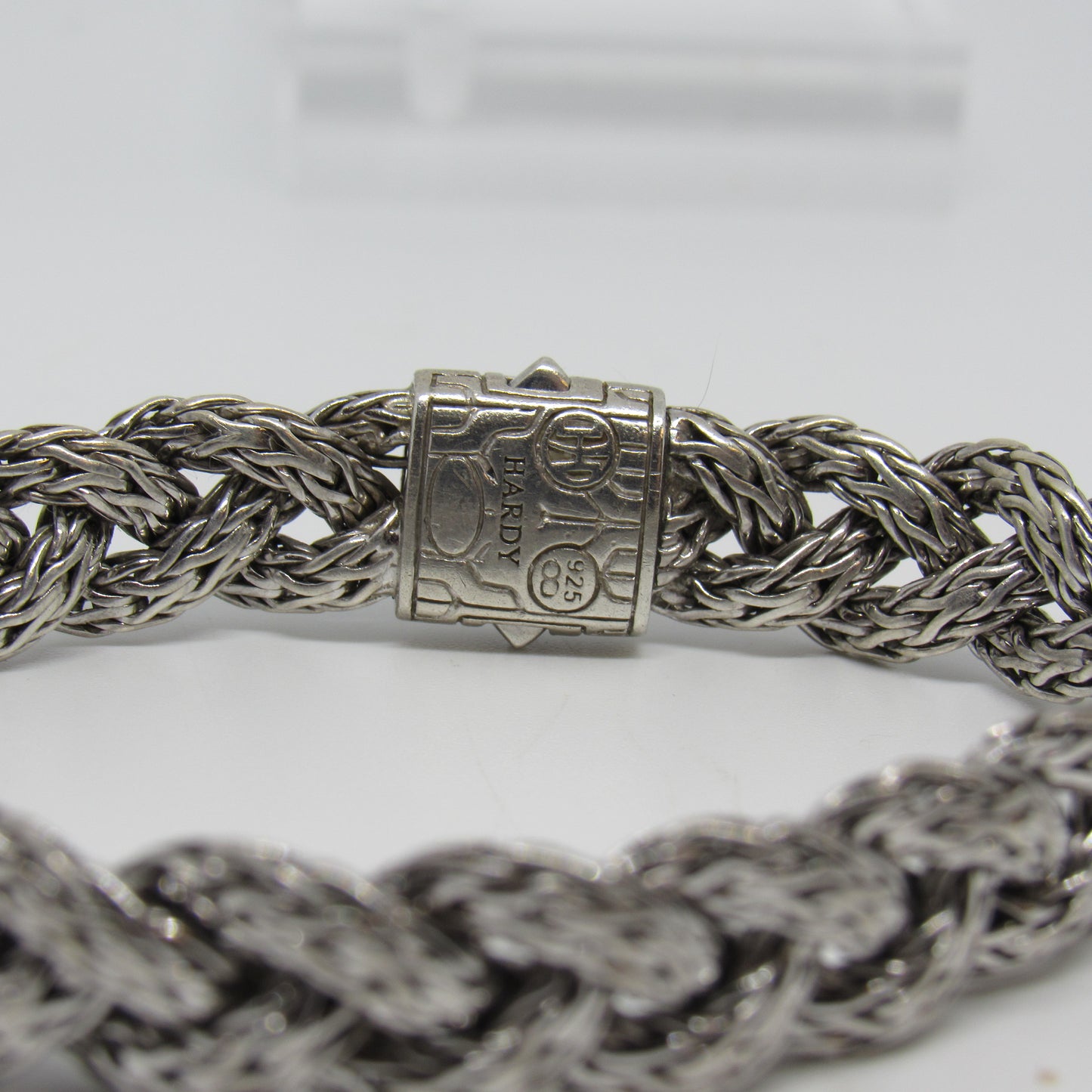 John Hardy Sterling Silver 925 Braided Bracelet w/ Pink Sapphire Clasp - ~10mm, 7 in