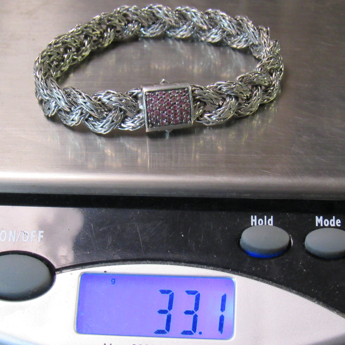 John Hardy Sterling Silver 925 Braided Bracelet w/ Pink Sapphire Clasp - ~10mm, 7 in