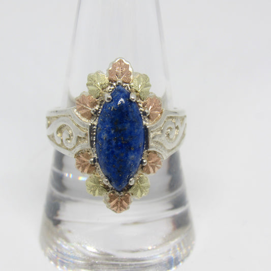 Black Hills Gold Coleman Co CCO Sterling 12k Tri Color Leaf Leaves Lapis Lazuli Ring - Sz 9