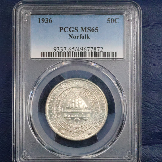1936 Norfolk Bicentennial Half Dollar 50c Commemorative - PCGS MS 65