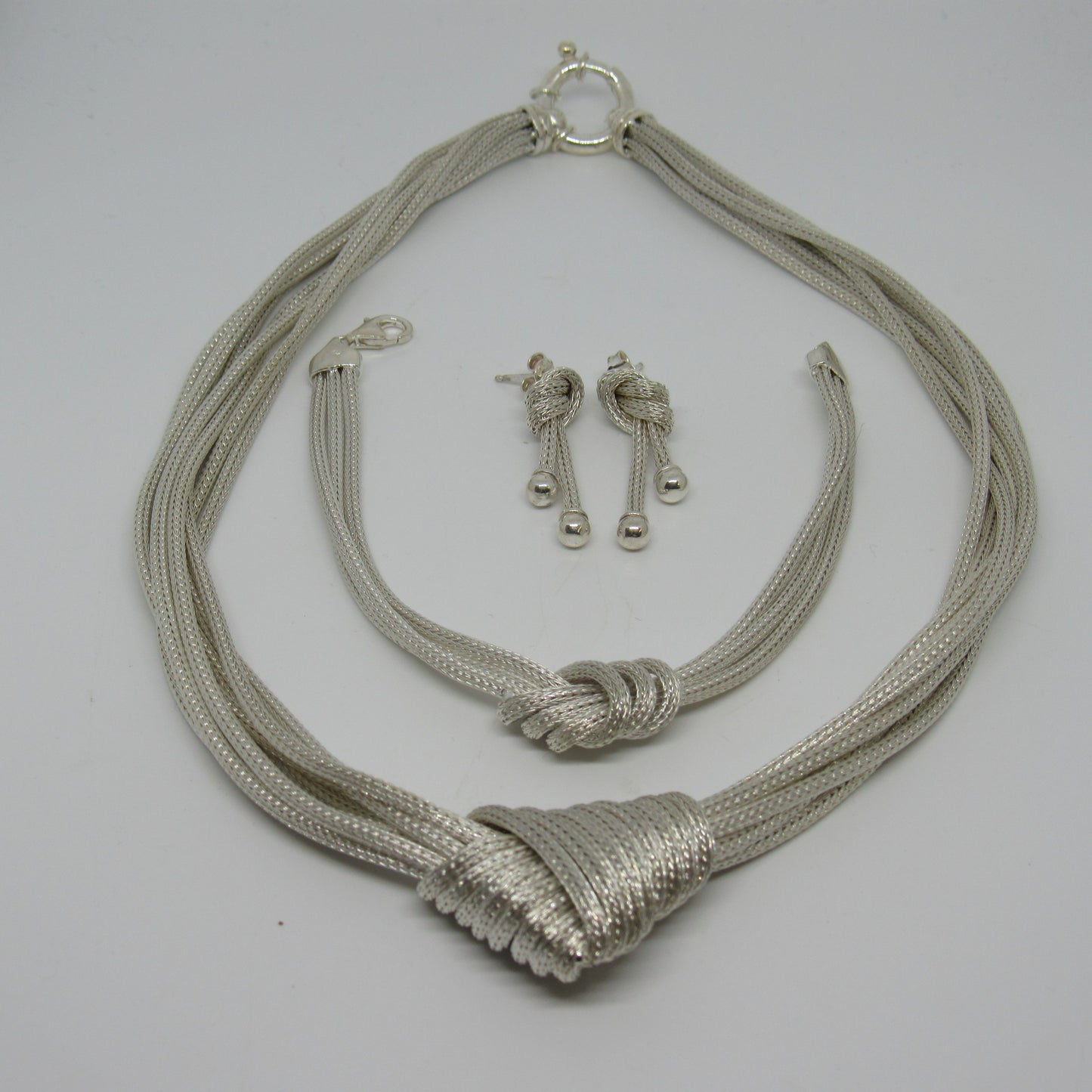 Italian Sterling Silver Top Knot Necklace w/ Matching Bracelet & Earrings - 16 in, 7 in, 1.25 in