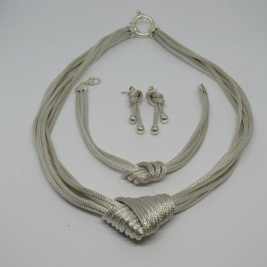 Italian Sterling Silver Top Knot Necklace w/ Matching Bracelet & Earrings - 16 in, 7 in, 1.25 in