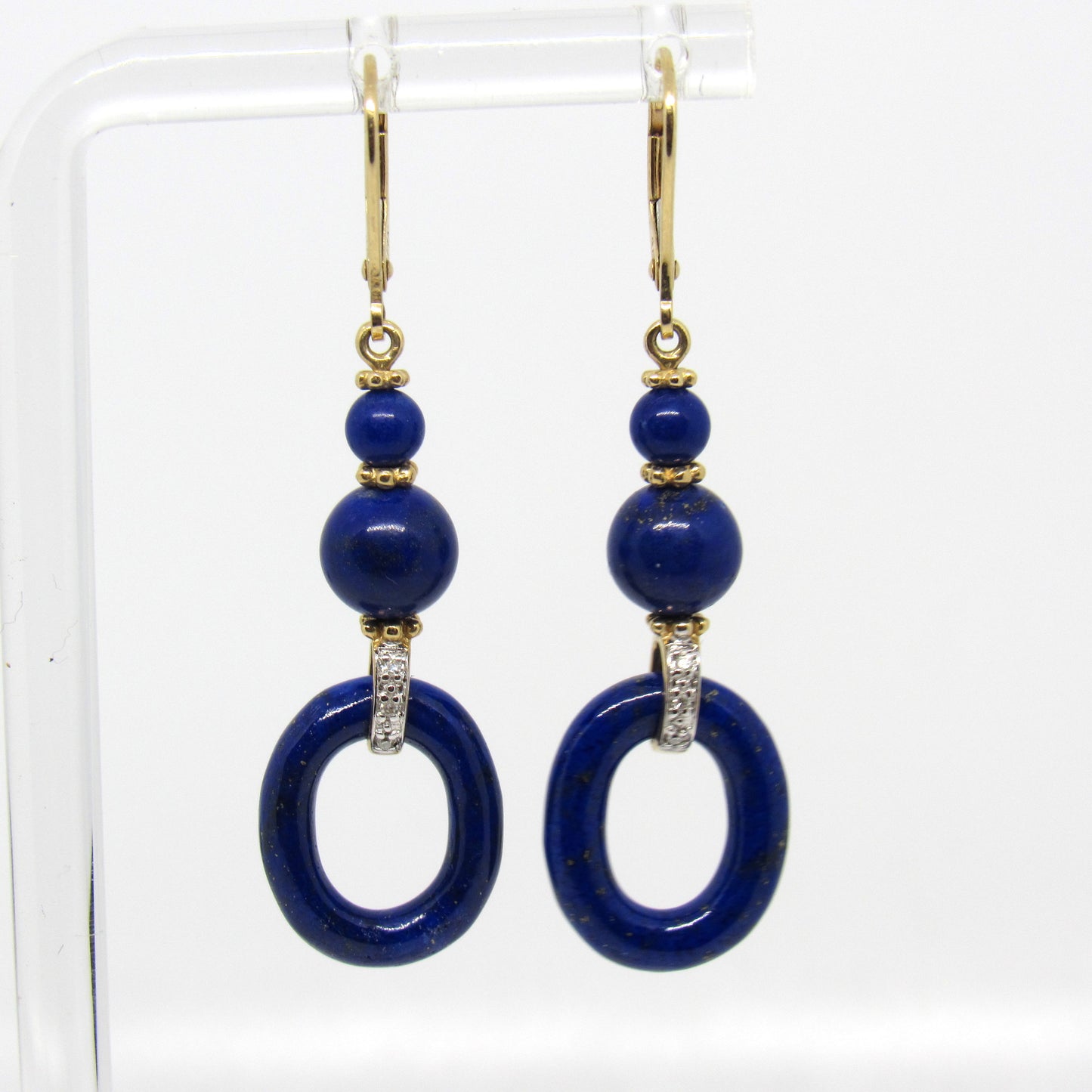 14k Yellow Gold Drop Dangle Lapis Lazuli and Diamond Leverback Earrings - 2 inch
