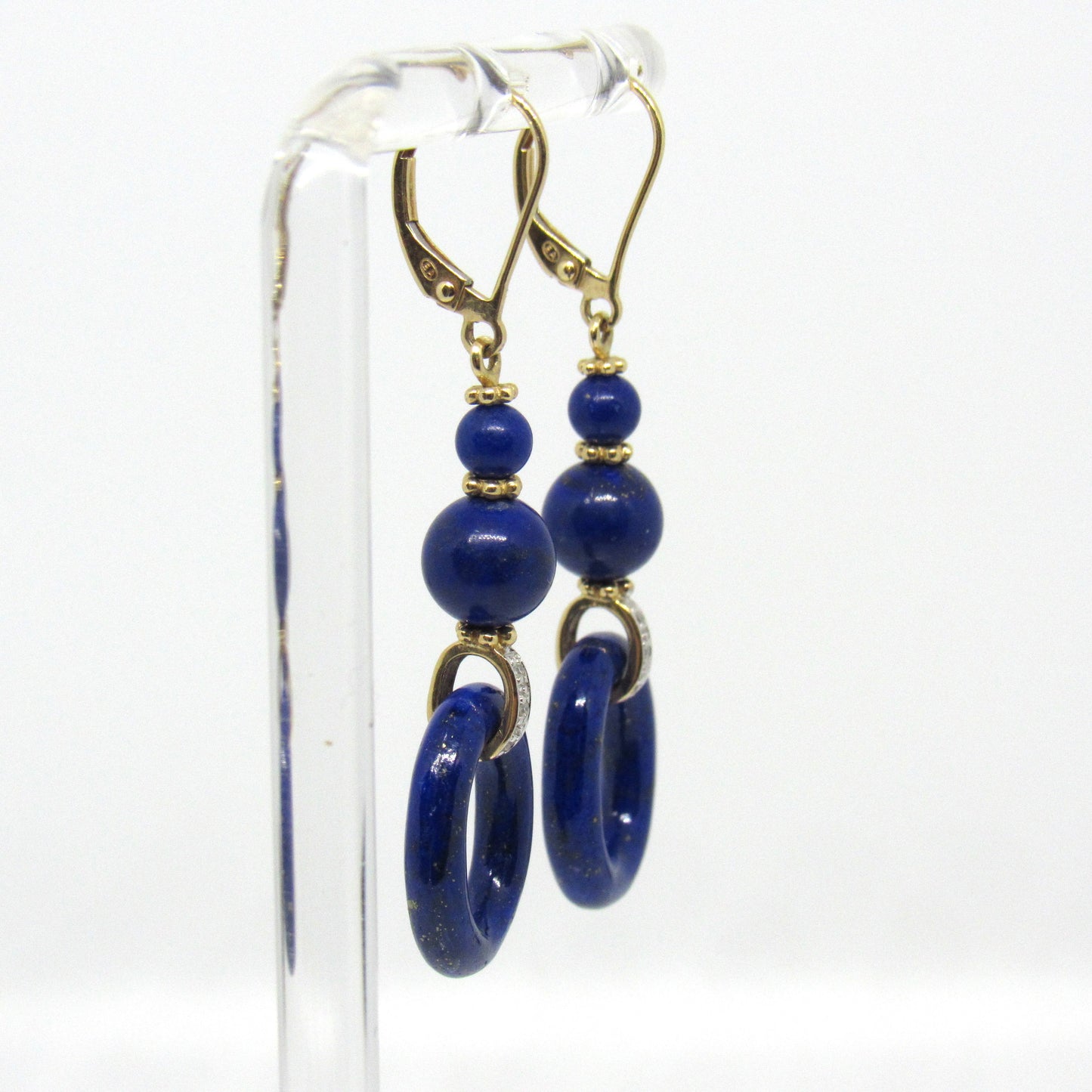 14k Yellow Gold Drop Dangle Lapis Lazuli and Diamond Leverback Earrings - 2 inch