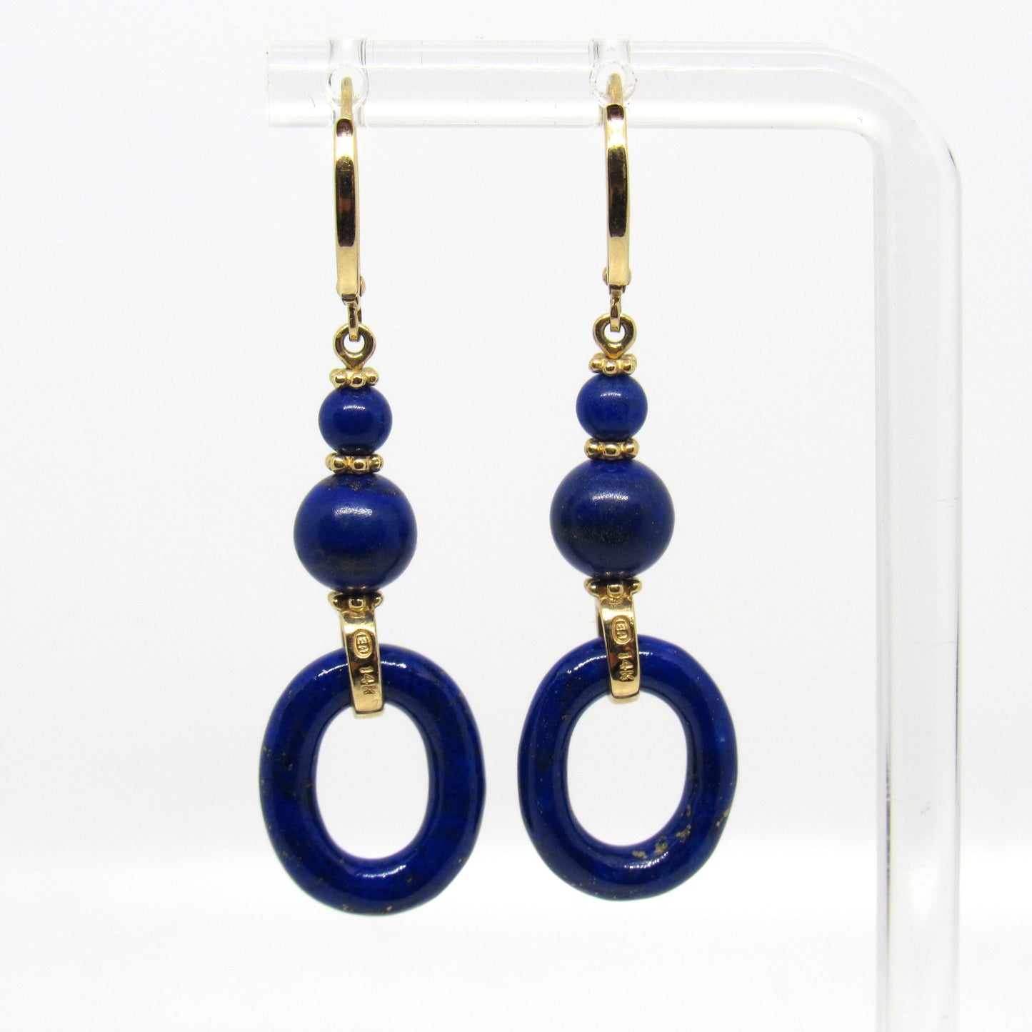 14k Yellow Gold Drop Dangle Lapis Lazuli and Diamond Leverback Earrings - 2 inch