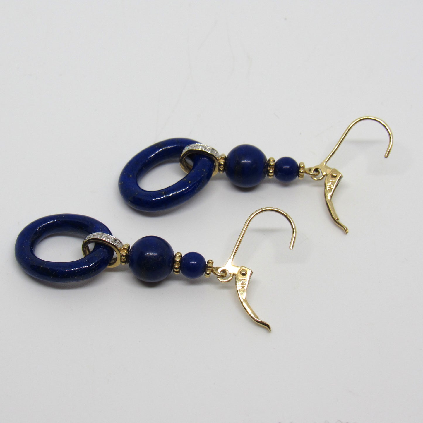 14k Yellow Gold Drop Dangle Lapis Lazuli and Diamond Leverback Earrings - 2 inch