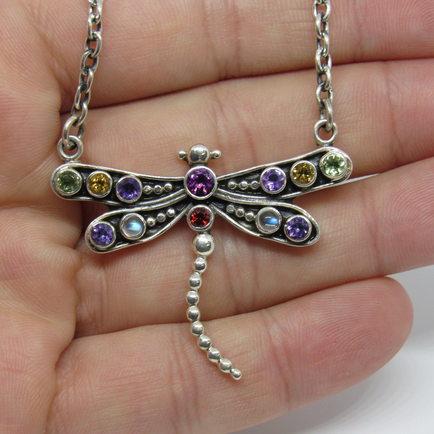 Nicky Butler Sterling Silver 925 Multi Stone Moonstone Amethyst Dragonfly Necklace - 18 in