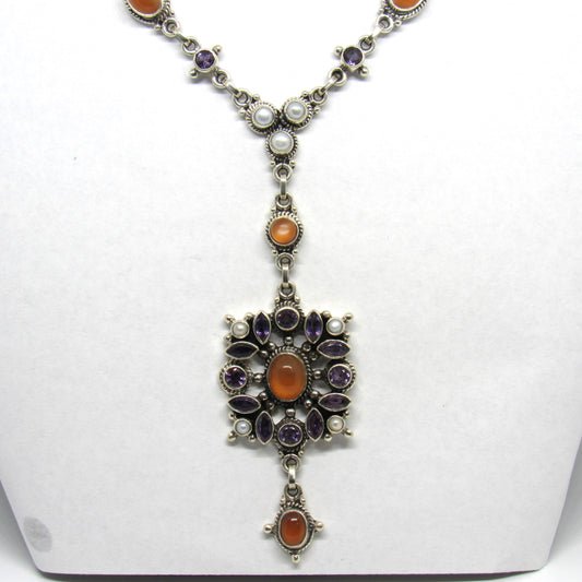 Nicky Butler Sterling 925 Multi Stone Orange Moonstone Amethyst Drop Necklace - ~20 in