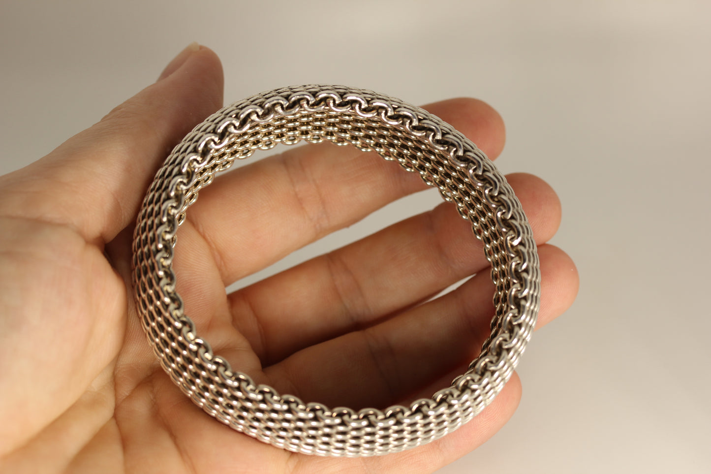 Tiffany & Co. Somerset Sterling Silver Flexible Wide Mesh Bangle Bracelet - 26mm ~8"