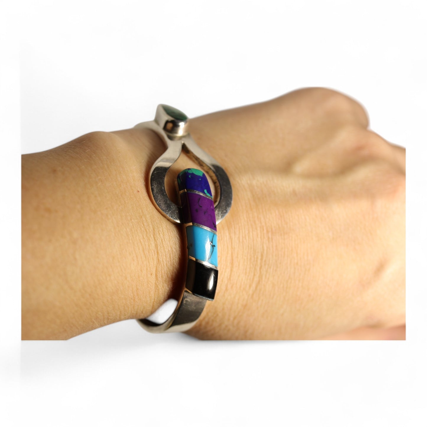 Sterling Silver 925 Mexico TL-88 Multi Stone Hinged Bangle Bracelet - ~6.5 inch