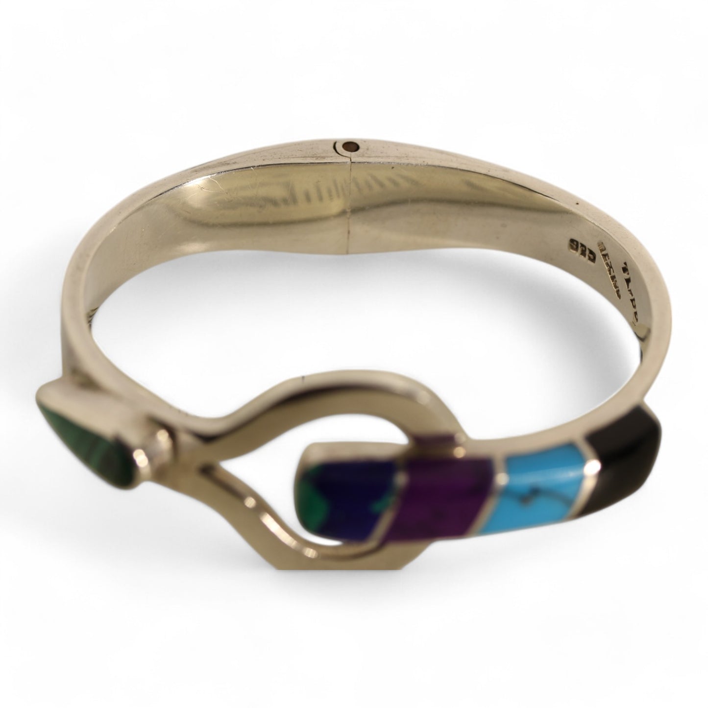 Sterling Silver 925 Mexico TL-88 Multi Stone Hinged Bangle Bracelet - ~6.5 inch