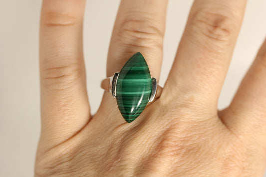 W.K. Whitney Kelly Sterling Silver Large Marquise Malachite Ring - Sz 8