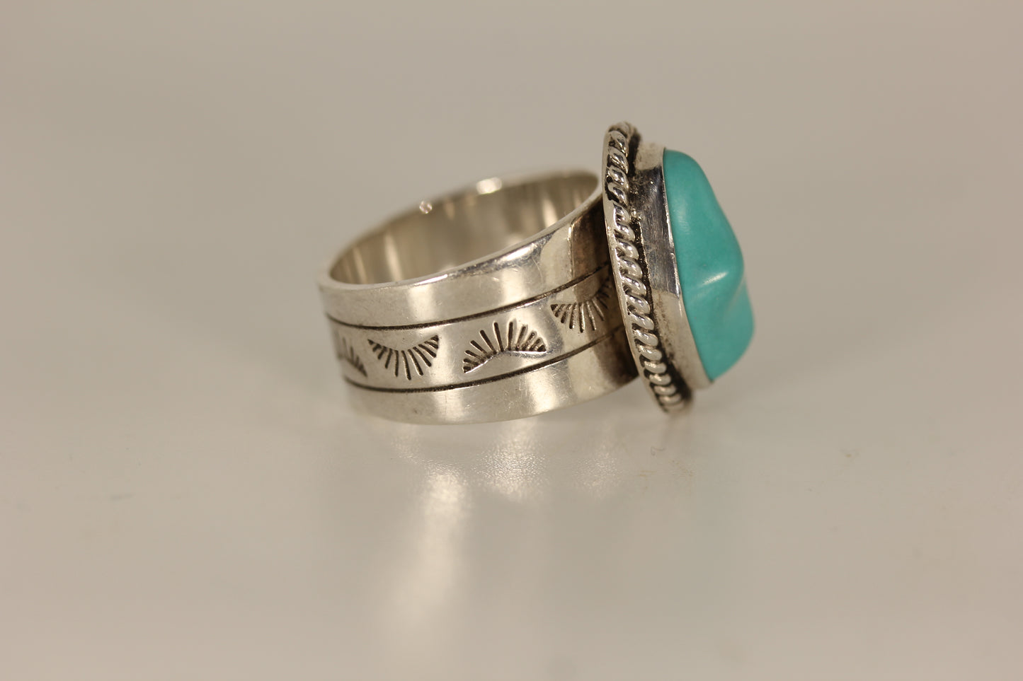 Southwestern Style BJ China Sterling Silver Bezel Set Turquoise Ring - Sz 8