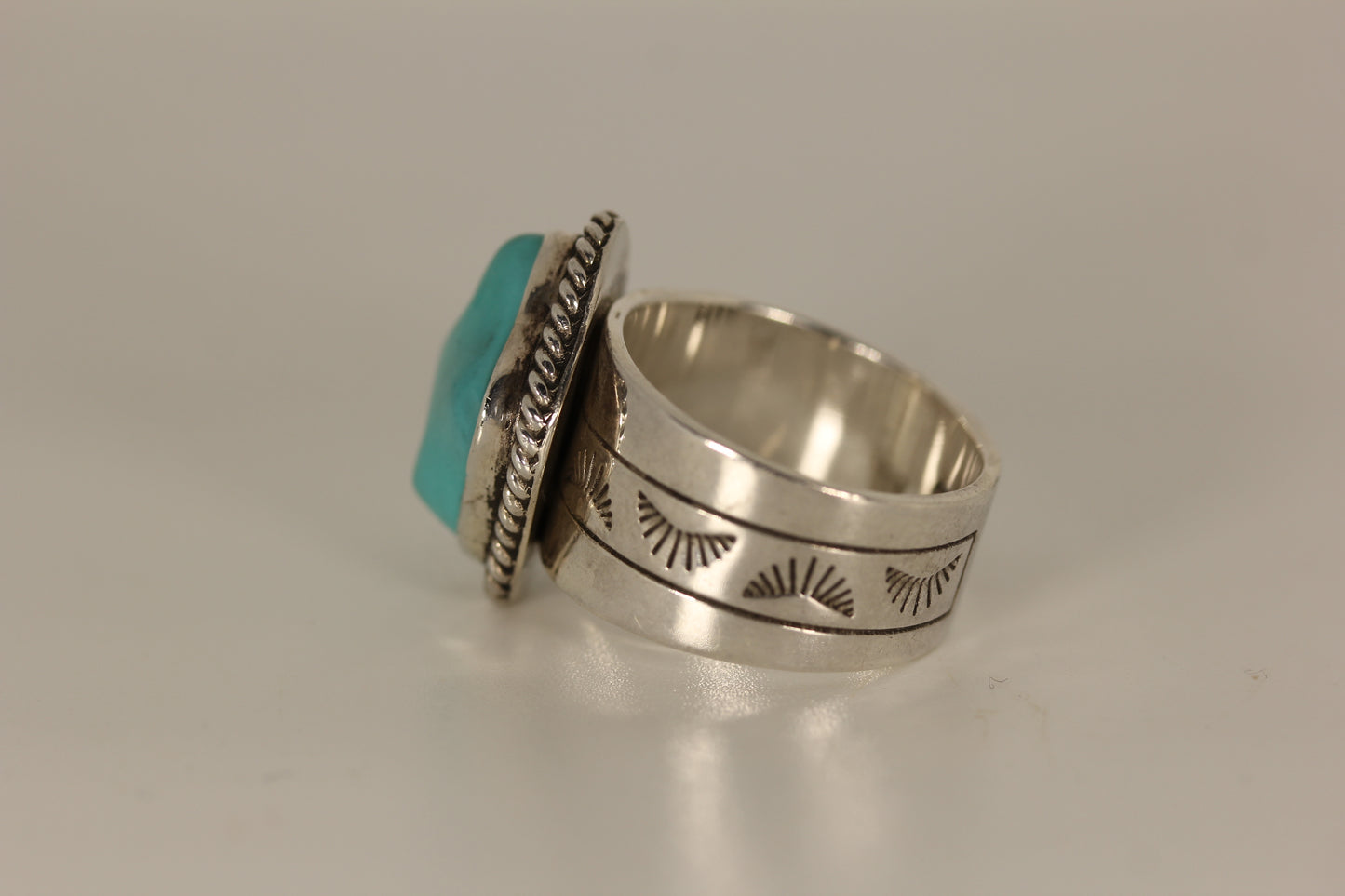Southwestern Style BJ China Sterling Silver Bezel Set Turquoise Ring - Sz 8