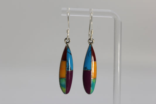 Vermont USA Mexico Hand-Made Multicolored Multi Stone Inlay Dangle Earrings 4.5 g