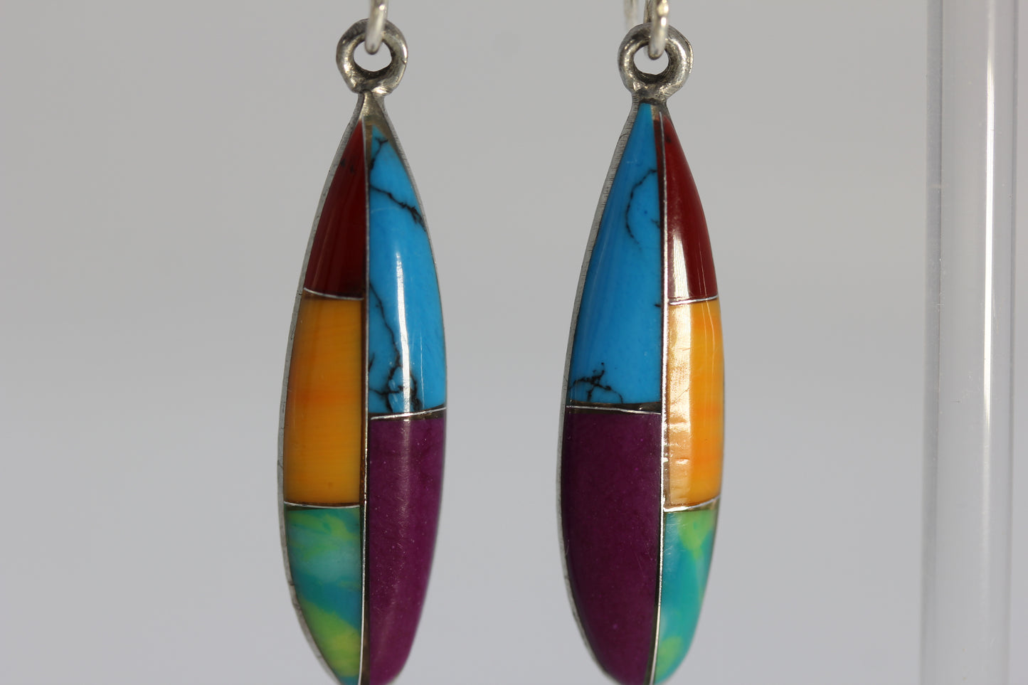 Vermont USA Mexico Hand-Made Multicolored Multi Stone Inlay Dangle Earrings 4.5 g