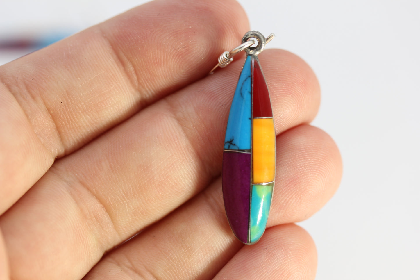 Vermont USA Mexico Hand-Made Multicolored Multi Stone Inlay Dangle Earrings 4.5 g