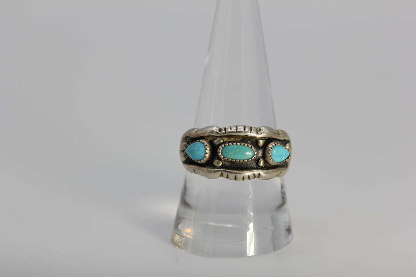 Johnny Pitchlynn Choctaw Signed 925 Sterling Turquoise Band Ring - 5.7 g Size 9.75